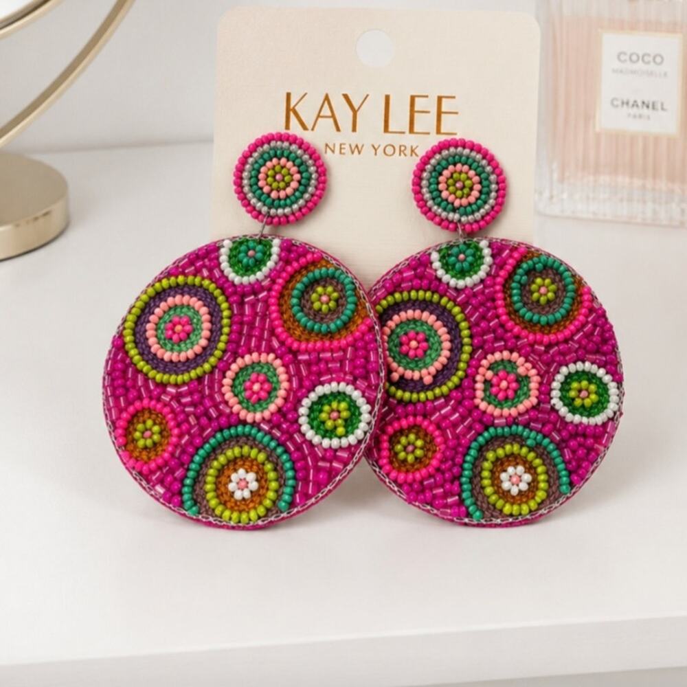 Kay Lee Pink Colorful Circle Boho Beaded Earrings New - Picture 2 of 3